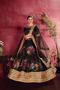 Black Floral Print <b>Lehenga</b> Choli Silk Saree Set Embroidered Festival Wedding Outfit - Product Image 4