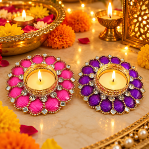 Ensemble de 2 porte-bougies décoratifs pour bougies chauffe-plat |   Porte-diya floraux verts pour la décoration de Diwali, la décoration de la maison et la Pooja - Product Image 5