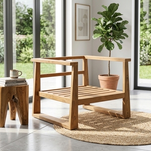 Modern Solid <b>Wood</b> Single <b>Sofa</b> Elegant Open Slatted <b>Frame</b> Wooden Lounge Armchair <b>For</b> Rustic Living Room Setup Art Design Pure Art - Product Image 3