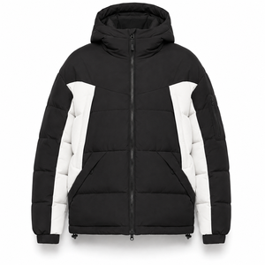 Luxury Color Block Casual Puffer <b>Jacket</b> Winter Fashion Hood Custom Chenille Patch Concealed Zipper Front Hand Pockets Outerwear - Product Image 3