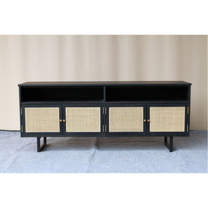 Mueble de TV Moderno de Madera de Caoba y Ratán, 4 Puertas con Estante Abierto, Almacenamiento para Sala de Estar, Patas Metálicas Independientes - Product Image 1