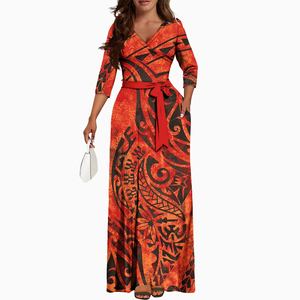 Robes pour femmes de grande taille personnalisées de style samoan Puletasi à col en V, élégantes robes polynésiennes à manches courtes pour femmes - Product Image 4