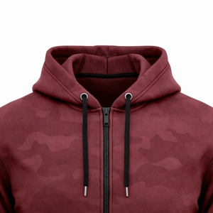 Men's Maroon Camouflage Hooded <b>Zip</b>-Up Fleece Jacket Casual Autumn Wear Regular Fit with <b>Pockets</b> and Black Trim <b>Hoodie</b> - Product Image 5