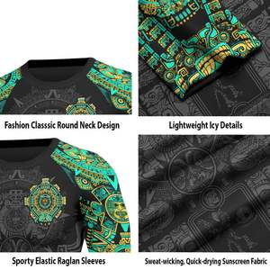 Camiseta de Compresión Deportiva para Hombre, Manga Larga, Diseño Tribal Azteca, Estampado Geométrico Verde Dorado, para Gimnasio y Entrenamiento - Product Image 6