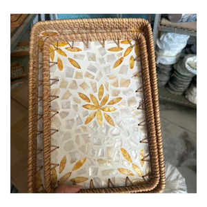 Premium Eco-Friendly Durable Rattan Woven <b>Tray</b> with Mother Pearl Inlay Handmade Fruit <b>Storage</b> <b>Tray</b> for Elegant Home Decoration - Product Image 1