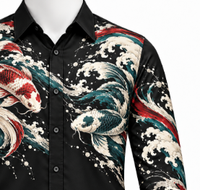 Kemeja Pria Lengan Panjang Hitam Motif Ikan Koi Teal dan Ombak Laut, Artistik Kasual Modis, 100% Katun Bernapas
