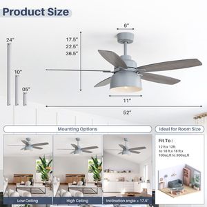 Ventilatore da soffitto premium da 52 pollici grigio cemento con motore DC, luce, lampadina E26 e telecomando, 5 pale in compensato - Product Image 4
