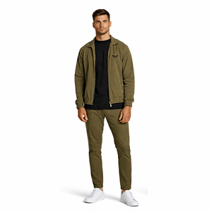 Ensemble veste et pantalon pour homme vert olive, coupe slim décontractée, veste zippée et pantalon chino, personnalisable OEM, mode streetwear - Product Image 2