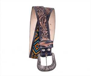 Ceinture en cuir brodée de style occidental avec motif géométrique perlé, boucle en alliage d'argent, style ethnique décontracté, ceinture artisanale durable - Product Image 3