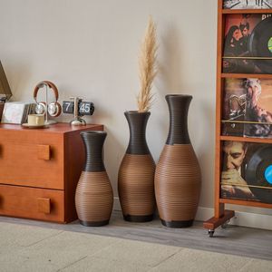 Juego de 3 Jarrones de Suelo Grandes de Ratán Artificial Marrón, Decoración para el Hogar, para la Sala de Estar - Product Image 1