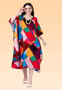 Robe Kaftan Courte pour Femme – Imprimé Paon Ethnique Jaune et Vert, Tunique Ample Festive - Product Image 3