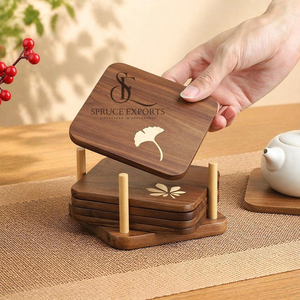 Premium Wooden <b>Coaster</b> <b>Set</b> With Unique Stand. Gold Leaf Inlay Rounded Edges Luxury Rustic Table Decor For Tea & Coffee - Product Image 4