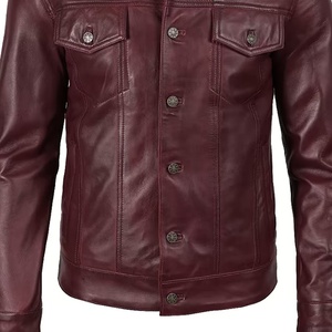 Blouson Trucker en Cuir Véritable pour Homme Style Jean Bordeaux/Maroon, Veste Décontractée Boutonnée OEM pour Université - Product Image 5