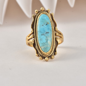 Anillo de Turquesa en Plata de Ley 925 Chapado en Oro, Anillo de Joyería Boho, Anillos de Moda, Estilo Vintage, Forma Ovalada, Anillos con Piedras Preciosas Florales - Product Image 1