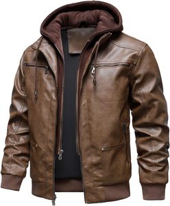 Veste de moto en cuir PU marron pour homme, à capuche, fermeture éclair sur le devant, couleur unie, style automne, manches régulières - Product Image 5