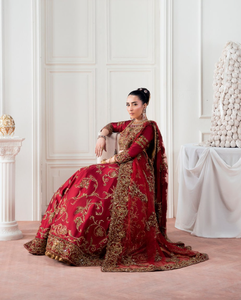 SADIA AUN HUTE COUTURE Lehenga Choli Rojo de Seda Satinada Bordado, Largo a la Cintura, Traje Tradicional Indio Pakistaní para Bodas - Product Image 2
