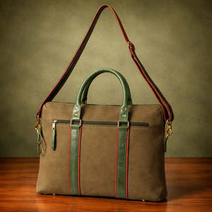 Porte-documents classique en toile pour ordinateur portable, couleur olive, sac de bureau professionnel durable avec poignées en cuir, bandoulière, grande capacité - Product Image 4