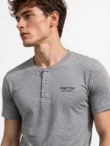 Oneten Apparel <b>Men's</b> Grey <b>Henley</b> T-<b>Shirt</b> 300 Grams Jersey Cotton Breathable Front Print Short Sleeve Casual Regular Fit - Product Image 6