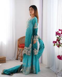 Conjunto de Salwar Kameez de Seda para Mujer, Traje Sharara con Lentejuelas y Dupatta, Atuendo Indio Pakistaní para Bodas y Fiestas, Ropa Étnica para Mujer - Product Image 4