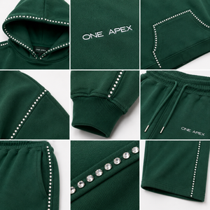 Ensemble de survêtement ONE APEX pour femme, vert émeraude, avec bordure en strass, coupe courte, pantalon large, streetwear, 100% coton - Product Image 6