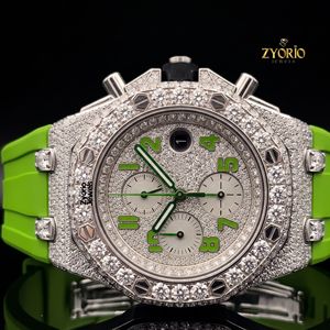 Luxury ETA Iced Moissanite <b>Chronograph</b> Watch Full Stone Set Bezel Green Stainless Steel Strap Silver Tone Dial <b>Automatic</b> - Product Image 3