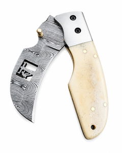 Cuchillo Plegable de Acero de Damasco con Hoja Recta, Borde Serrado, Mango de Hueso y Apertura con Perilla, Cuchillo de Camping OEM - Product Image 1