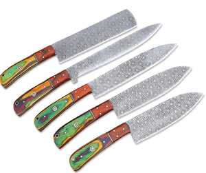 Ensemble de 5 ustensiles de cuisine en acier artisanal à motifs, manches en bois de Pakka multicolores, collection d'outils de cuisine professionnels - Product Image 6