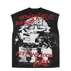 Débardeur noir sans manches pour homme avec imprimé graphique, col rond, style streetwear, en coton tricoté - Product Image 1
