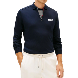 Polo de punto entrelazado con cremallera y logotipo bordado personalizado de primera calidad, corte regular, para hombre, transpirable, de algodón, informal. - Product Image 1