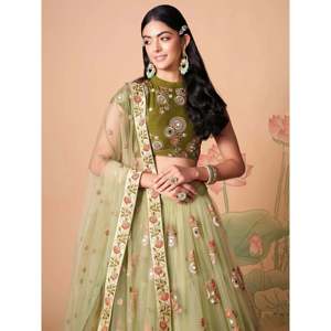 Stunning Pista <b>Green</b> Embroidered <b>Net</b> Plus Size Bridesmaid Lehenga Choli - Product Image 4