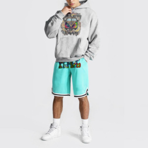 Ensemble short et sweat à capuche 2-en-1 coupe-vent éco-responsable style urbain pour homme, broderie logo dessin animé, manches courtes, décontracté - Product Image 1