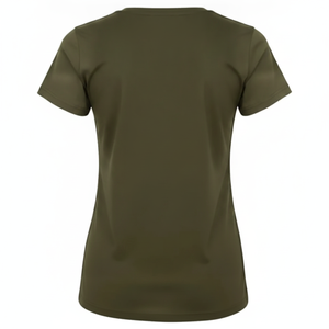 Camiseta Verde Oliva con Cuello en V para Mujer, con Diseño de Ondas Sonoras con Pedrería Dorada - Camiseta Casual de Verano de Manga Corta y Corte Ajustado - Product Image 4