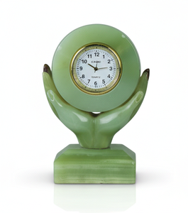 Horloge de bureau en onyx vert de luxe sculptée à la main - Horloge en pierre naturelle artisanale pour une décoration de bureau élégante et un cadeau d'affaires - Product Image 1