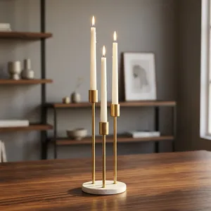 Modern Marble Base Candle Holder Set of 3 Minimalist Gold Finish Taper Candles for Dining <b>Table</b> Home Decor - Product Image 3