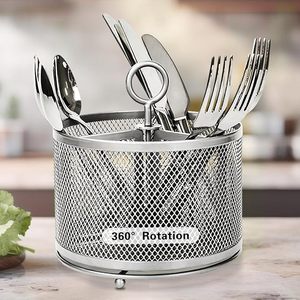 Porta Cubiertos Giratorio de 360 Grados con Malla |   Organizador de utensilios y cubiertos de acero inoxidable para encimera o mesa de comedor - Product Image 1