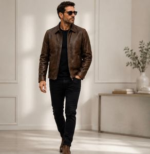 Men's <b>Brown</b> Genuine <b>Leather</b> Double Breasted <b>Jacket</b> Turn-down Collar Casual Autumn Wear - Product Image 2