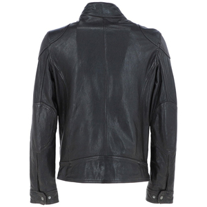 Men's Black Leather Moto Biker Jacket Stand Collar Button Closure Washed Finish Autumn Wear - Product Image 6