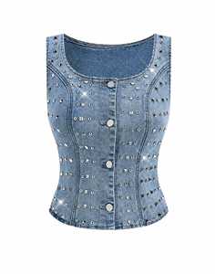 Denim Sleeveless Corset <b>Top</b> Rivet Decoration O-Neck Button Closure Eco-Friendly Breathable Elegant Sweet Style Spring Women's - Product Image 1