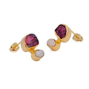 Boucles d'oreilles tendance pour femmes en pierre brute de grenat naturel, pierre de naissance de janvier, sertie en canal, plaquée or, certifiée, faite à la main - Product Image 5