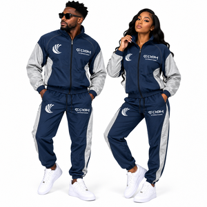 Unisex Tracksuit Set Navy Gray Full <b>Zip</b> Sporty <b>Joggers</b> With Side <b>Pockets</b> Breathable Polyester Autumn Wear Nylon Fabric - Product Image 1
