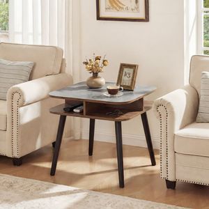 Faux Marble <b>Side</b> <b>Table</b> with <b>Storage</b> Shelves and Rubber Wood Legs Practical Coffee <b>Table</b> with Stylish Design - Product Image 1