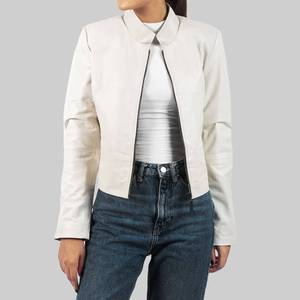 Julia Womens <b>White</b> Breathable Genuine Leather <b>Jacket</b> Stand Collar Zipper Closure - Leather <b>Jacket</b> <b>White</b> - Product Image 1