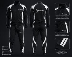 SINEWY SPORTS Men's <b>Black</b> Solid Printed 2 in 1 Tracksuit Full Zip Hoodie <b>Pants</b> Set Breathable Heavyweight Polyester/Cotton Blend - Product Image 6