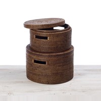 Op maat gemaakte ronde opbergbox van rotan met deksel en handvatten, handgemaakte manden voor opbergruimte, woonkamerdekens, gemaakt in Vietnam