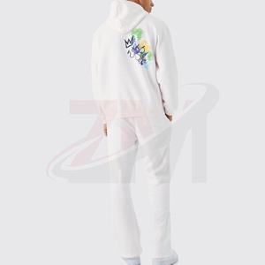 Front Print Men's <b>White</b> Hooded <b>Tracksuit</b> Set With Back Hand-Painted Logo Full Sleeve Regular Fit Casual Autumn Wear 100% Cotton - Product Image 2