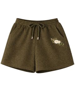 Ensemble décontracté deux pièces pour femme : débardeur court côtelé et short à cordon de serrage, broderie florale vert olive – Fabricant - Product Image 3