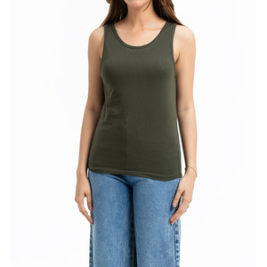 Women's Olive Green Scoop <b>Neck</b> Knitted Tank Top Casual Solid Color Sleeveless Tops - Product Image 1