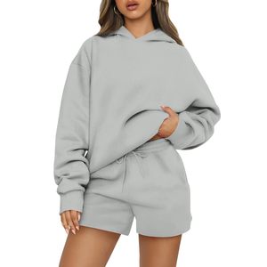 Ensemble sweat à capuche oversize et short en molleton de coton de couleur unie pour femme – Tenue assortie respirante style tricoté pour l'automne - Product Image 3