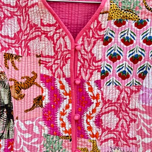 Pink Quilted Jacket Women's Full Sleeve V-Neck Printed <b>Cardigan</b> Spring Outerwear Full Sleeve Eco Friendly Outerwear - Product Image 3