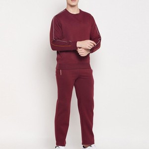 Ensemble de survêtement pour homme, couleur bordeaux, manches longues, col rond, couleur unie, décontracté, pantalon de jogging, respirant, 100% coton, coupe classique, automne - Product Image 5